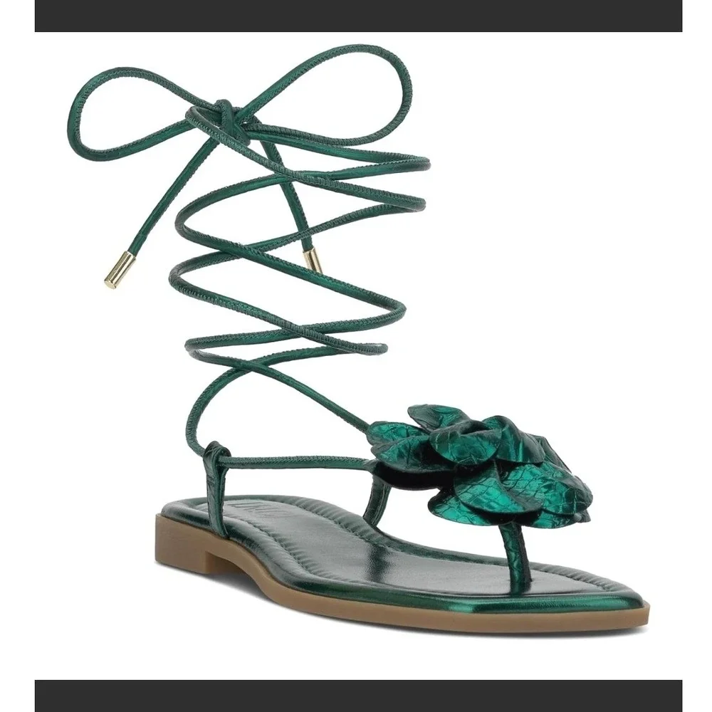 INC International Concepts Emerald Green Metallic Rosette Lace up Sandals 7.5M